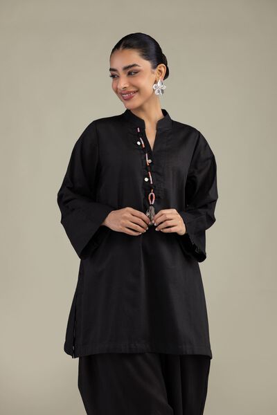 Dyed | Textured Cotton | V-Neck Black Kurta | GBP 30.00