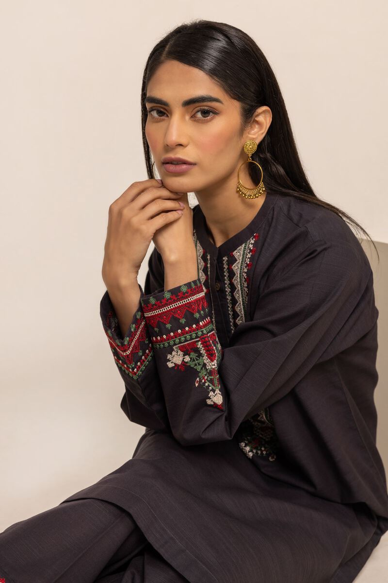 Kurta | Embroidered, BLACK, hi-res image number null