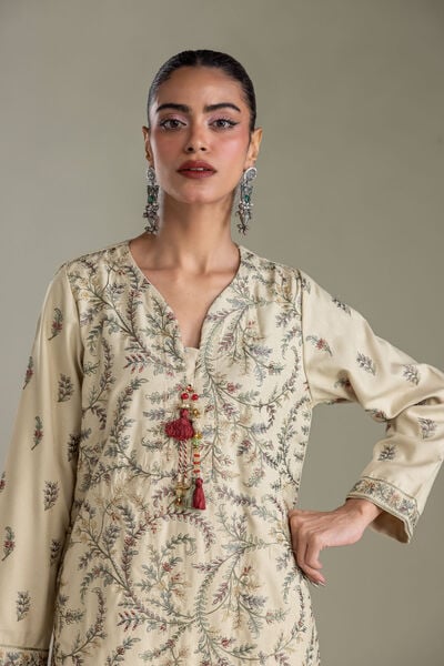 Embroidered | Heavy Blended Viscose | Long Beige Kurta | GBP 50.00