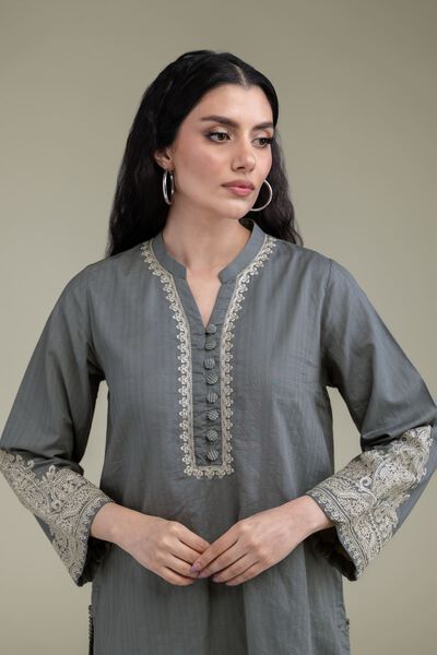 Embroidered | Cotton Dobby | Gray Cotton Kurta | GBP 40.00