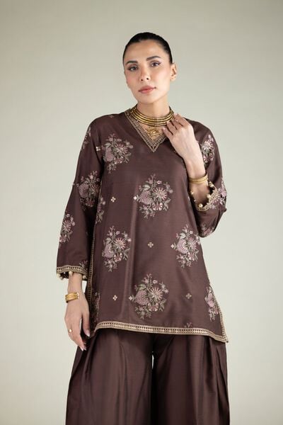 Embroidered | Raw Silk | Floral V-Neck Kurta | GBP 45.00