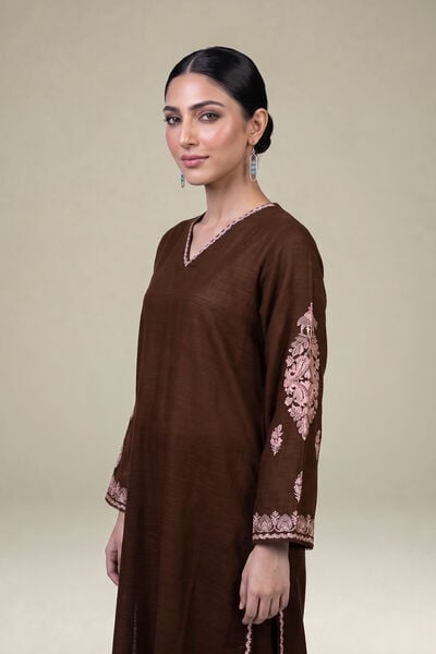 Embroidered | Light Khaddar | Brown V-neck Kurta | GBP 40.00