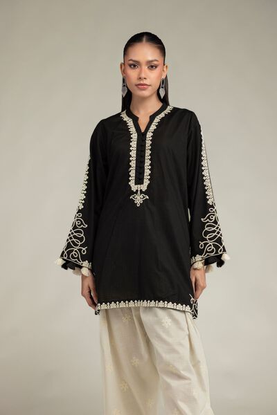 Embroidered | Cotton Dobby | Black Floral Kurta | GBP 30.00