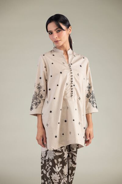 Embroidered | Cotton Dobby | Beige Floral Kurta | GBP 35.00