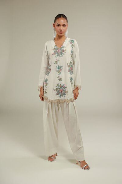 Embroidered | Raw Silk | Floral V-Neck Kurta | GBP 55.00